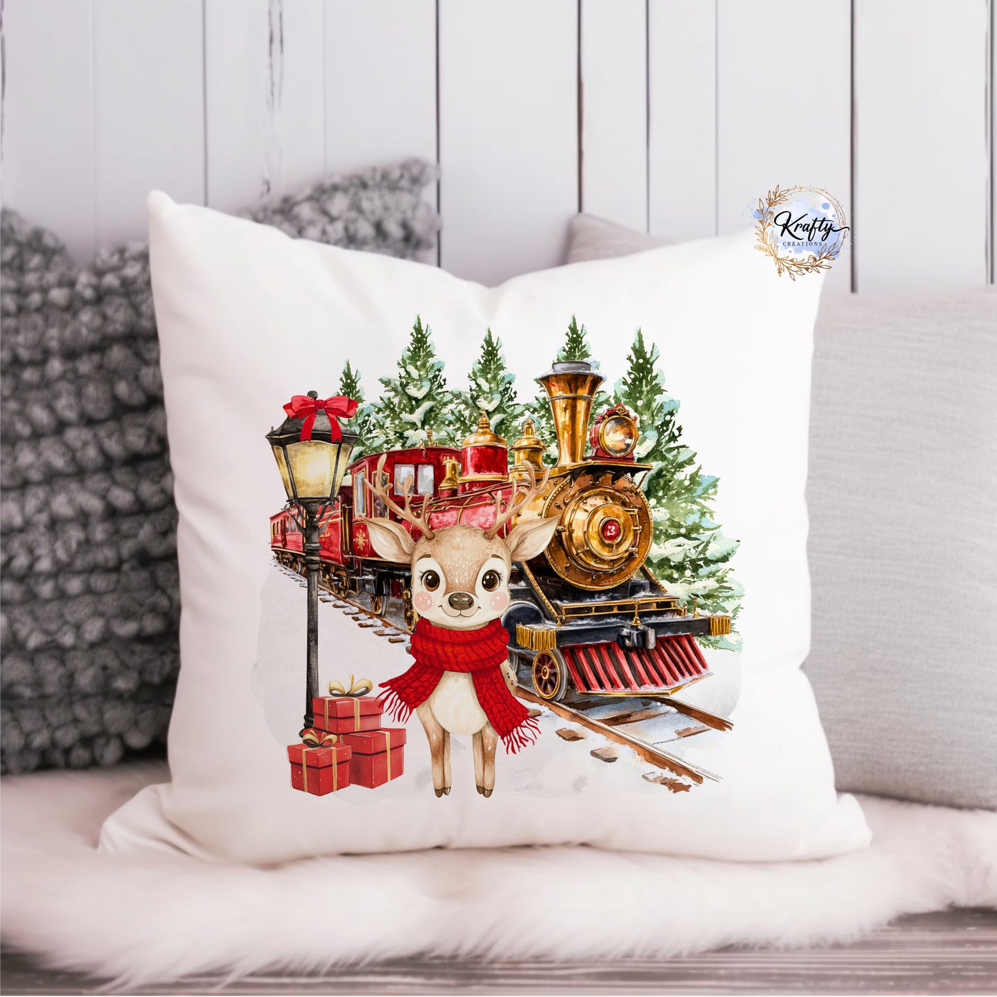 Reindeer Train Cushion
