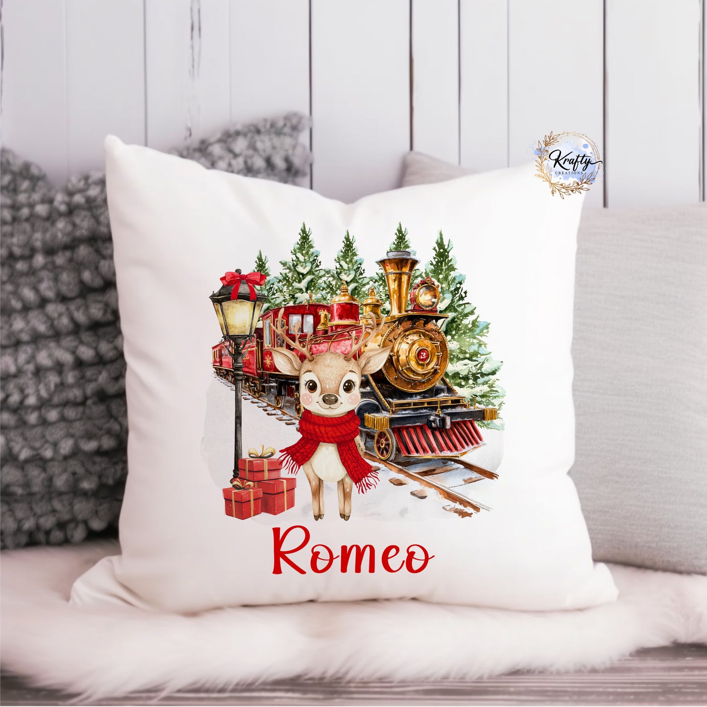Reindeer Train Cushion