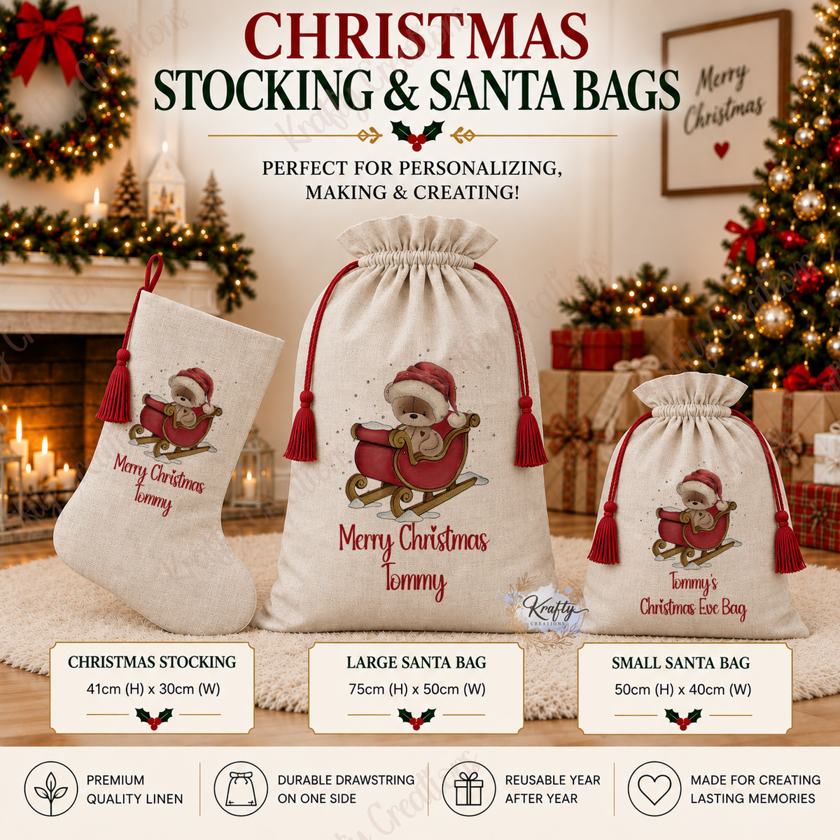 Set of 3 - Stocking, Large & Small Sacks