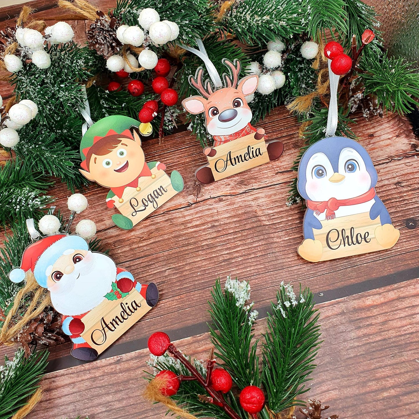 Christmas Acrylic Baubles - Santa, Elf, Reindeer, Penguin