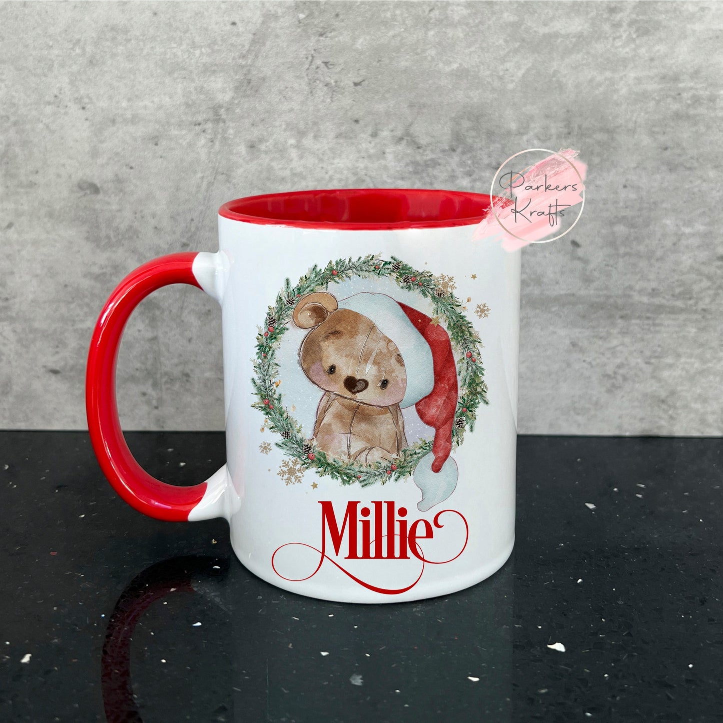 Wreath Teddy Bear Christmas Mugs