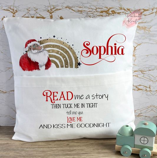 Personalised Santa Rainbow Book Pocket Cushion