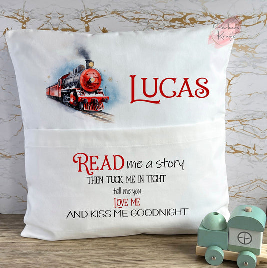 Personalised Steam Train Christmas Pocket Book Cushion