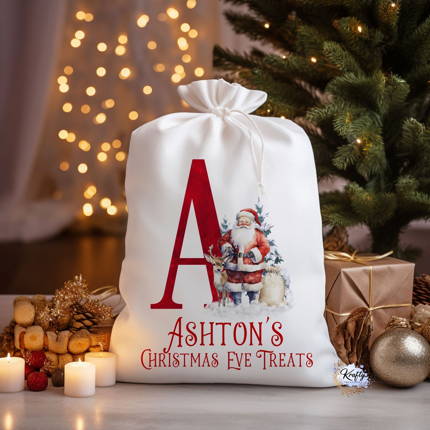 Father Christmas Reindeer Initials Christmas Sack