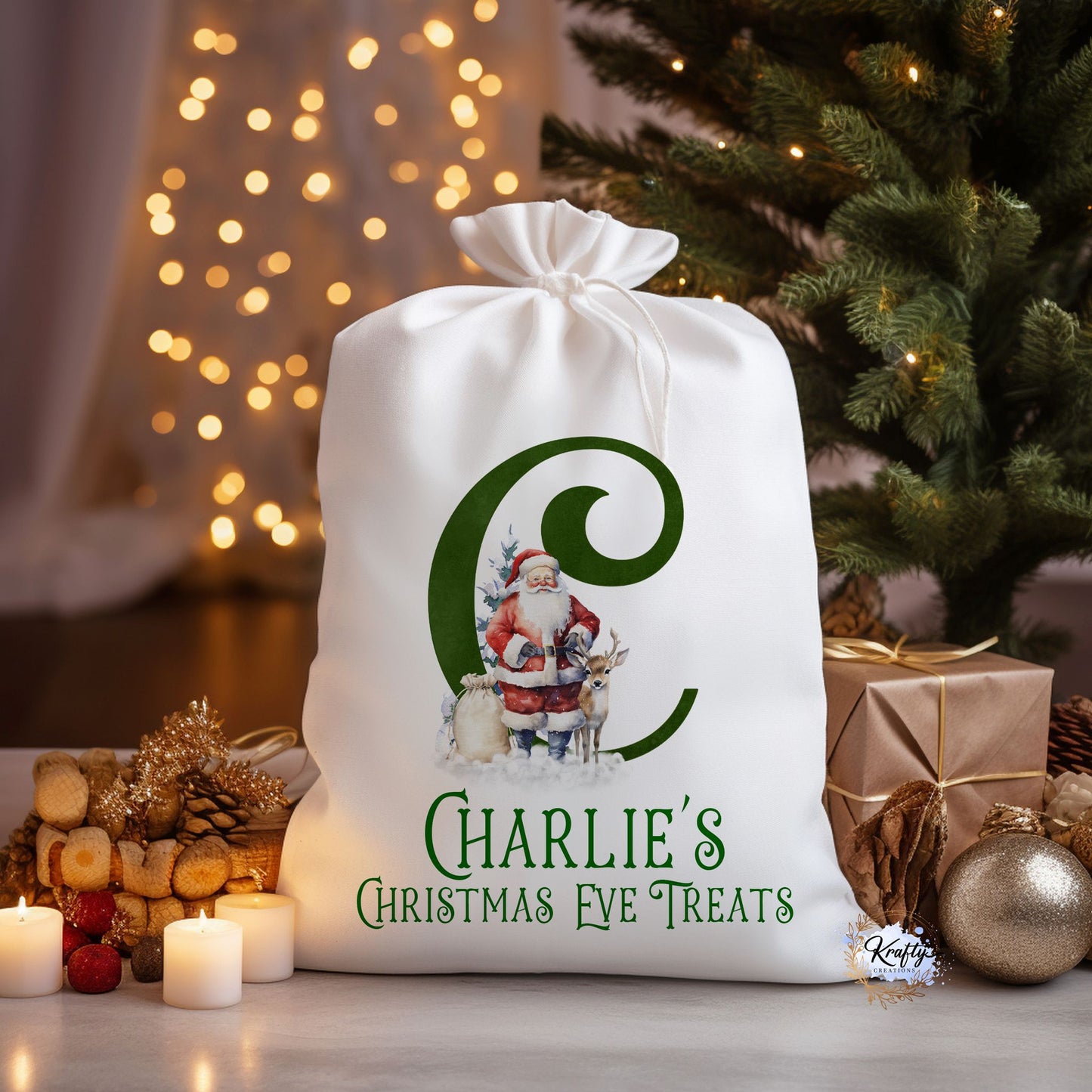 Father Christmas Reindeer Initials Christmas Sack