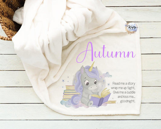 Personalised purple unicorn read a book