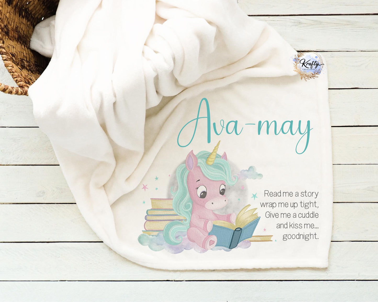 Personalised blue unicorn read a book