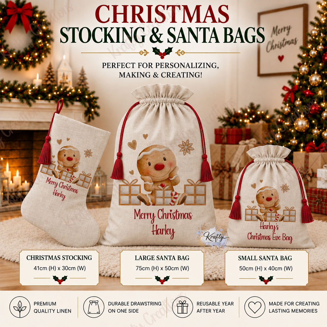Set of 3 - Stocking, Large & Small Sacks
