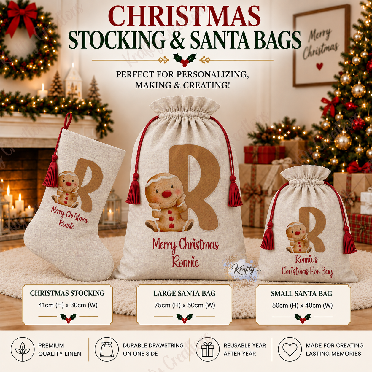 Set of 3 - Stocking, Large & Small Sacks