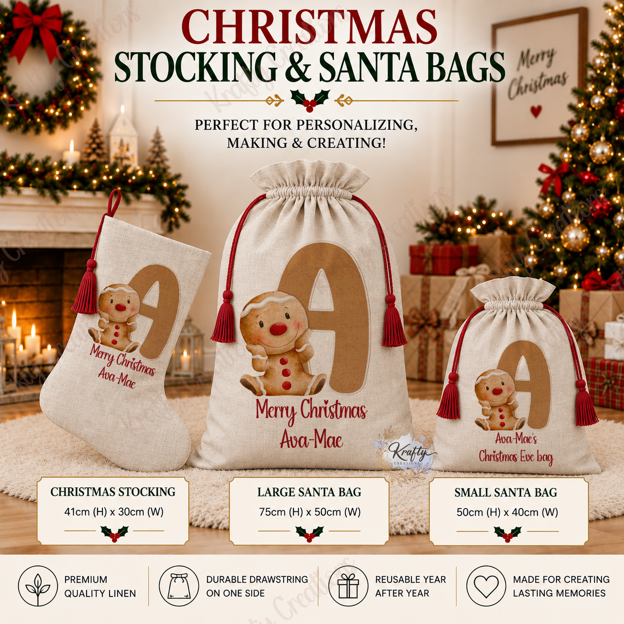 Set of 3 - Stocking, Large & Small Sacks