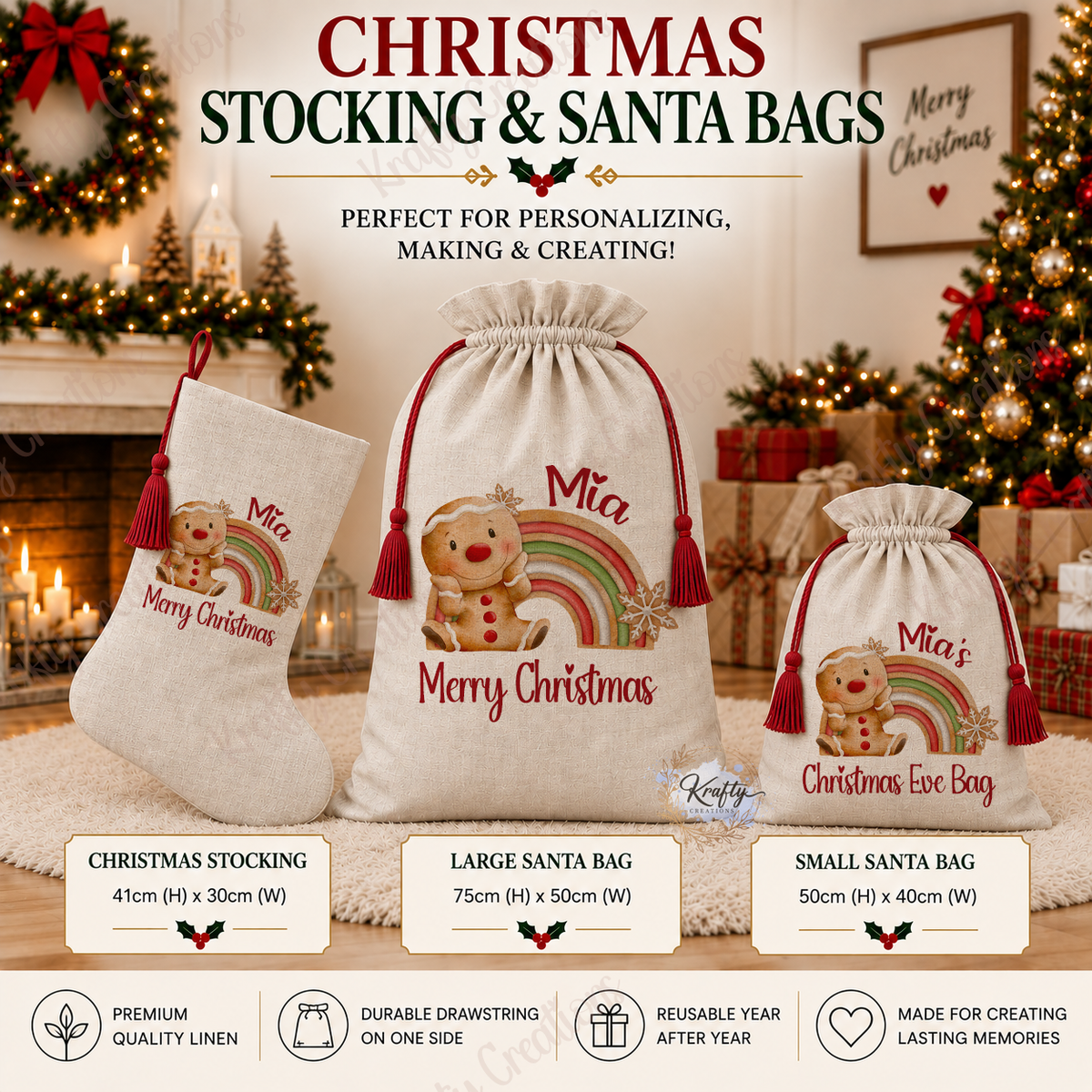 Set of 3 - Stocking, Large & Small Sacks