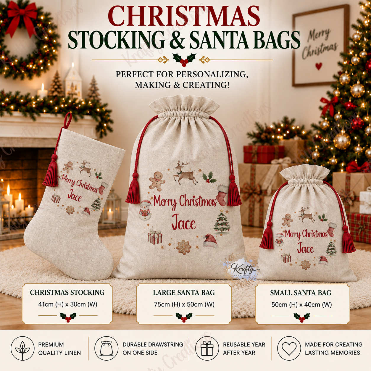 Set of 3 - Stocking, Large & Small Sacks