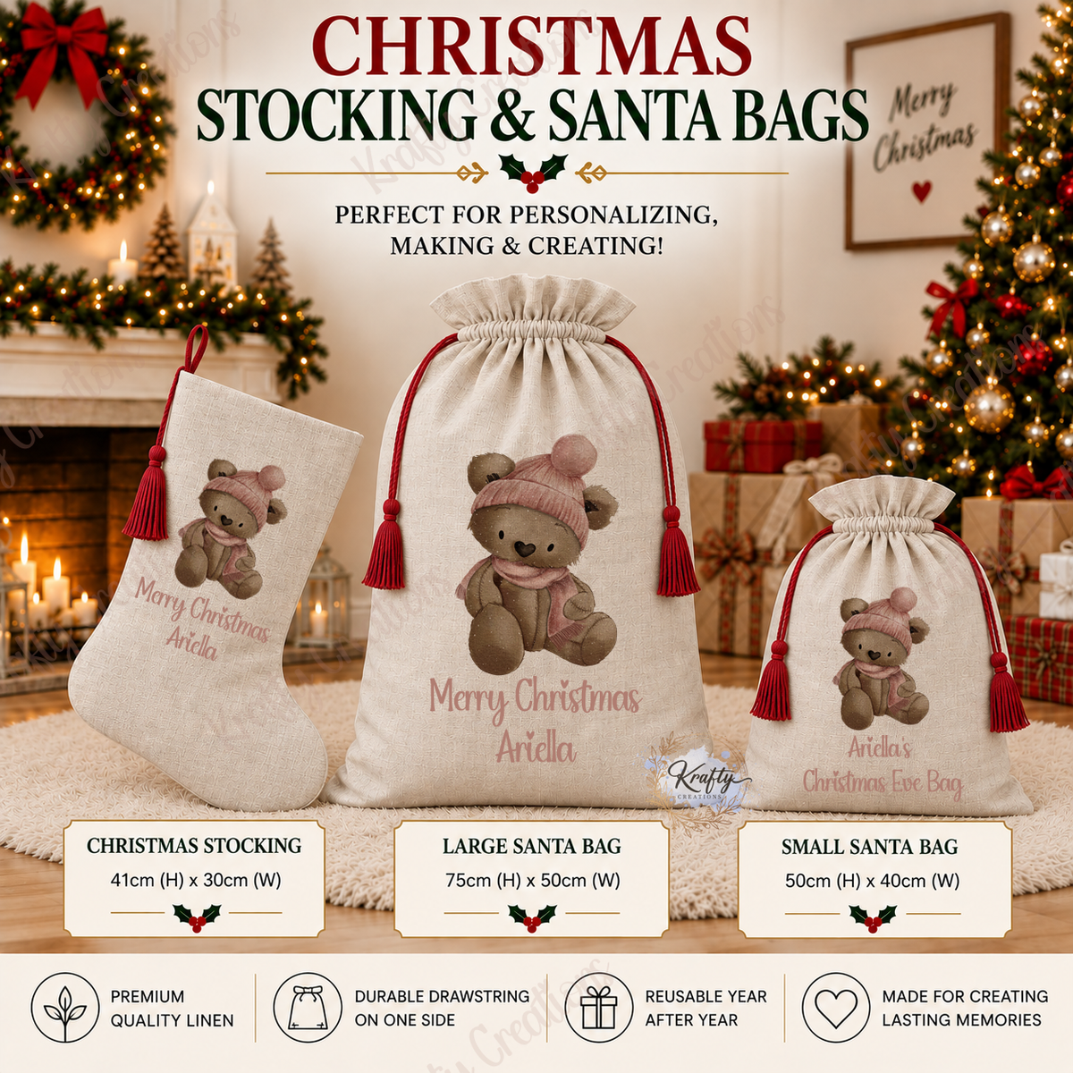 Set of 3 - Stocking, Large & Small Sacks