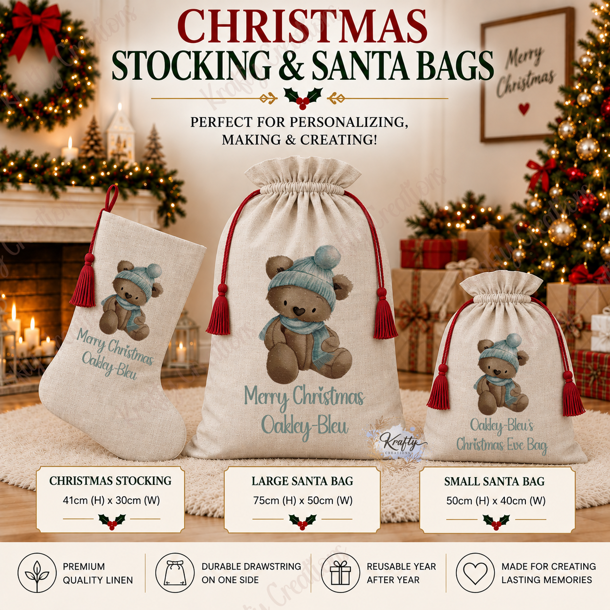 Set of 3 - Stocking, Large & Small Sacks